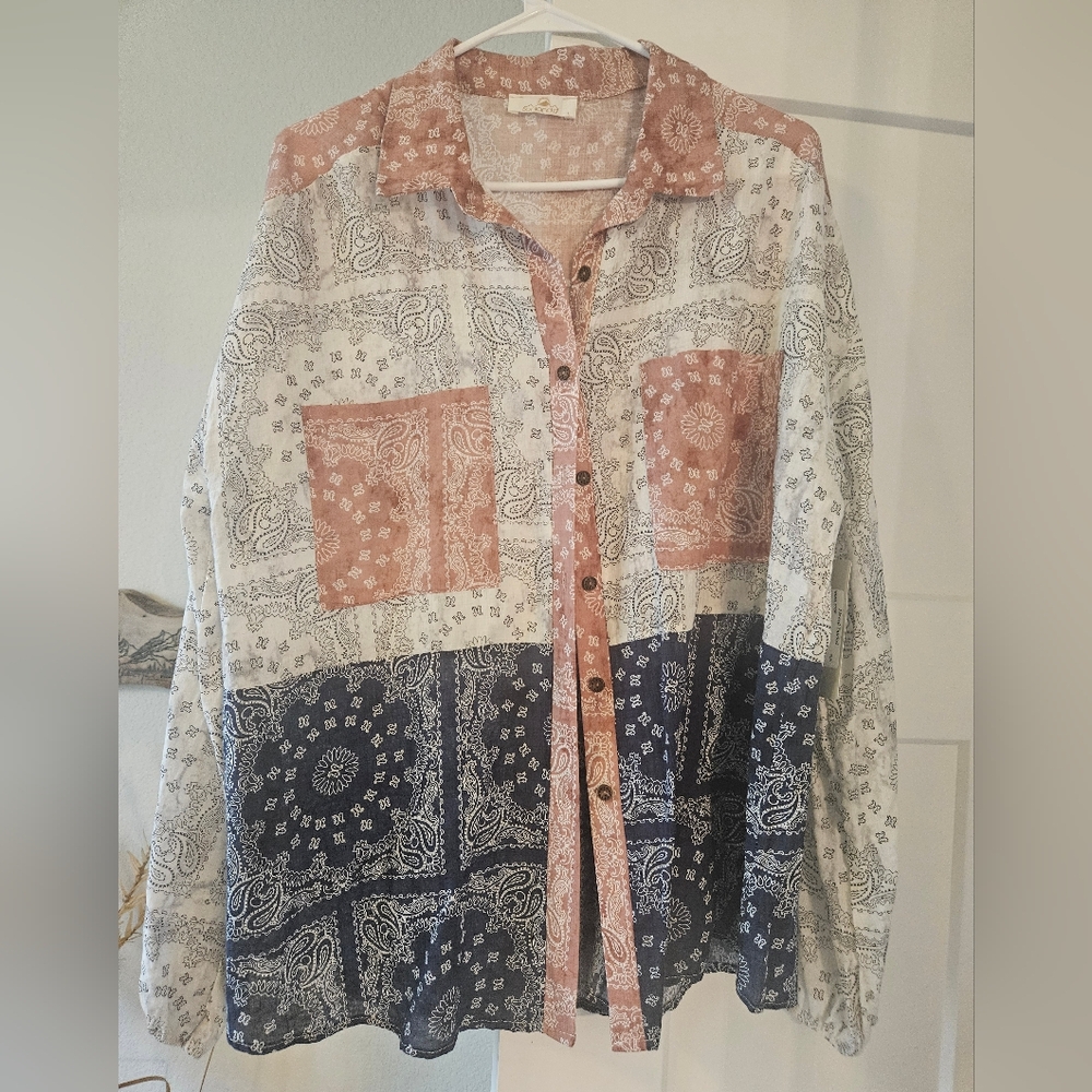 NWT Paisley Button-Up Shirt in Pink, Blue, and White